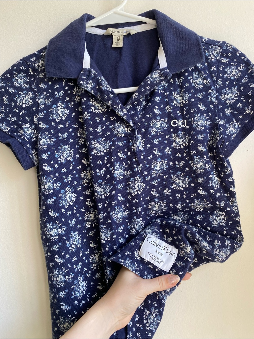 💙Calvin Klein Navy Floral Polo Top Preppy Collegiate Tennis Vintage Cotton Polo